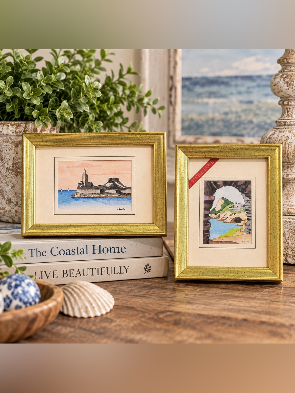 Vintage Castro Mini Watercolor Paintings Framed Coastal European Art Set of 2